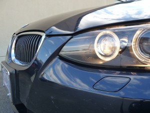 A close up of the front light on a car